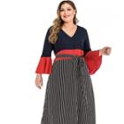 Plus Size Long-sleeve Color Block Striped Panel Midi Dress
