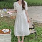Puff-sleeve Jacquard Embroidered Midi Dress