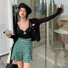 Chain Strap / Cutout Camisole Top / Patterned Shorts / Cardigan