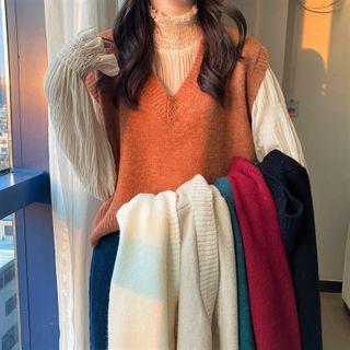 Plain Sweater Vest / Mock-neck Smocked Blouse