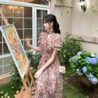 Floral Drawstring-front Short-sleeve Midi A-line Dress