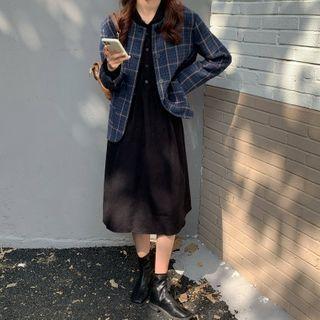 Long-sleeve Plain Midi Dress / Plaid Jacket