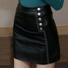 Button Detail Faux Leather A-line Skirt
