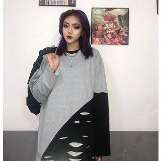 Long-sleeve Color Block Ripped T-shirt