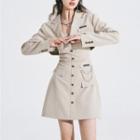 Long-sleeve Polo-collar Metal Accent Blazer / Sleeveless Plain Single-breasted Dress