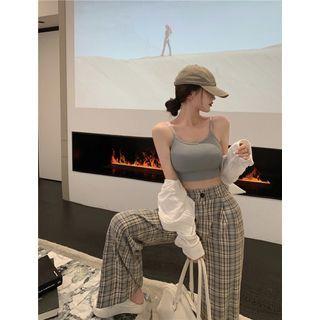 Cropped Camisole Top / Shirt / Plaid Straight Leg Pants