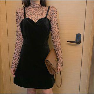 Leopard Print Long-sleeve Mesh Top / Spaghetti Strap A-line Dress