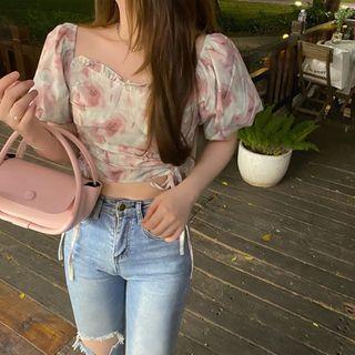 Off-shoulder Dyed Floral Print Top Floral Print - One Size