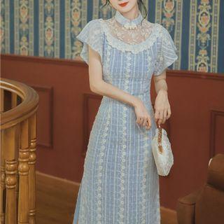 Short-sleeve Embroidered Mesh Panel Midi Sheath Dress