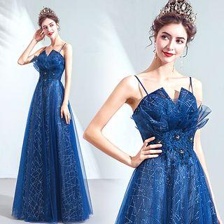 Spaghetti Strap Sequined Mesh A-line Evening Gown