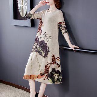 3/4-sleeve Printed Midi A-line Knit Dress