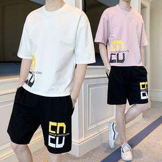 Set: Lettering Crew-neck Elbow-sleeve T-shirt + Shorts