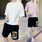 Set: Lettering Crew-neck Elbow-sleeve T-shirt + Shorts