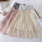Dandelion-embroidered Mesh A-line Skirt
