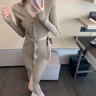 Button Midi Skinny Knit Dress