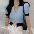 Short-sleeve Contrast Trim Zip-up Knit Crop Top