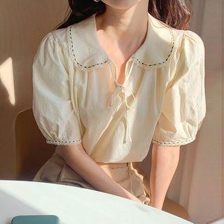 Puff-sleeve Contrast Trim Tie Neck Blouse