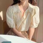 Puff-sleeve Contrast Trim Tie Neck Blouse