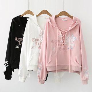 Flower Embroidered Lace-up Detail Hoodie