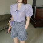 Puff-sleeve Ruched Blouse / High-waist Striped Shorts