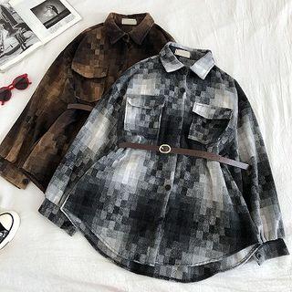Color-block Plaid Lace-up Long-sleeve Acrylic Blouse