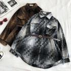 Color-block Plaid Lace-up Long-sleeve Acrylic Blouse