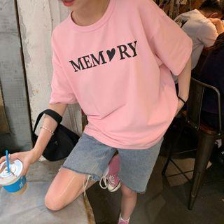 Elbow-sleeve Lettering T-shirt Cream Pink - One Size
