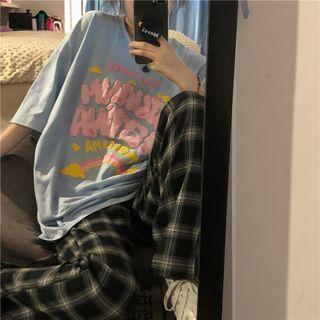 Short-sleeve Lettering T-shirt / Plaid Straight Leg Pants