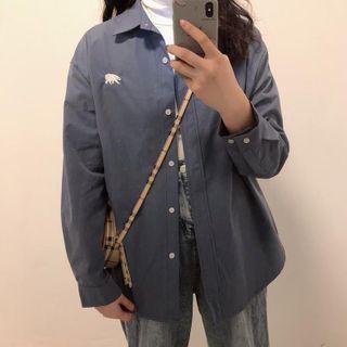Long-sleeve Bear Embroidered Shirt As Shown In Figure - One Size
