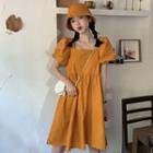 Puff-sleeve Square-neck Smock Dress