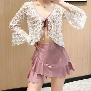 Set: Twisted Bikini + Swim Skirt + Lace Cover-up Jacket