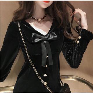 Velvet V-neck Long-sleeve Slim-fit Dress Black - One Size