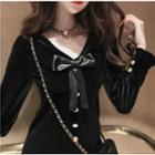 Velvet V-neck Long-sleeve Slim-fit Dress Black - One Size