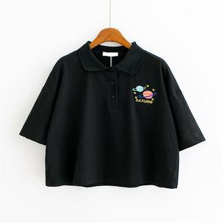 Planet Embroidered Short-sleeve Crop Polo Shirt