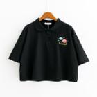 Planet Embroidered Short-sleeve Crop Polo Shirt