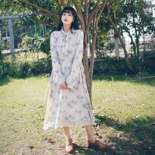 Gathered-waist Long-sleeved Floral Print Dress
