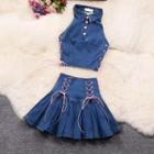 Set: Halter-neck Lace-up Denim Top + A-line Skirt