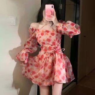 Long Sleeve Off Shoulder Floral Print Dress