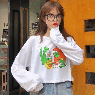 Long-sleeve Cartoon Printed Cropped T-shirt