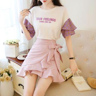 Set: Elbow-sleeve Plaid Paneled T-shirt + A-line Mini Skirt