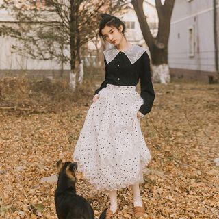 Set: Lace Panel Blouse + Dotted Midi A-line Mesh Skirt