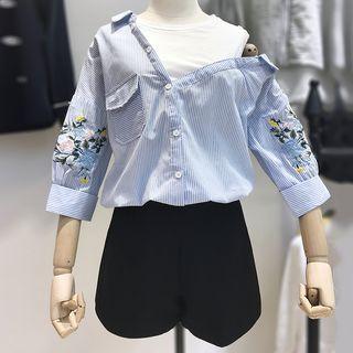 Set: Mock Two-piece Elbow-sleeve Top + Shorts
