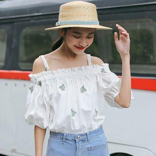 Cactus Embroidered Off Shoulder Elbow Sleeve Top
