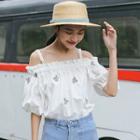 Cactus Embroidered Off Shoulder Elbow Sleeve Top