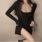 Long-sleeve Square Neck Slit Sheath Dress Black - One Size