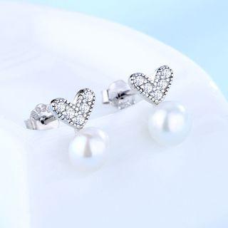 Rhinestone Heart Faux Pearl Earring 1 Pair - 925 Silver - White - One Size