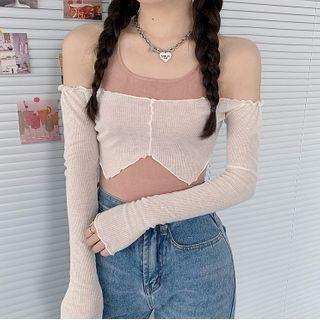 Plain Halter Top / Long-sleeve Off-shoulder Crop Top