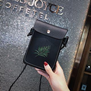Embroidered Leaf Faux Leather Crossbody Mobile Pouch
