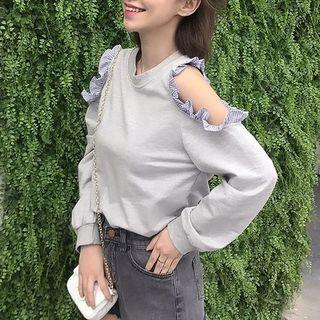 Shoulder Cut Out Ruffle Trim Pullover