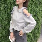 Shoulder Cut Out Ruffle Trim Pullover